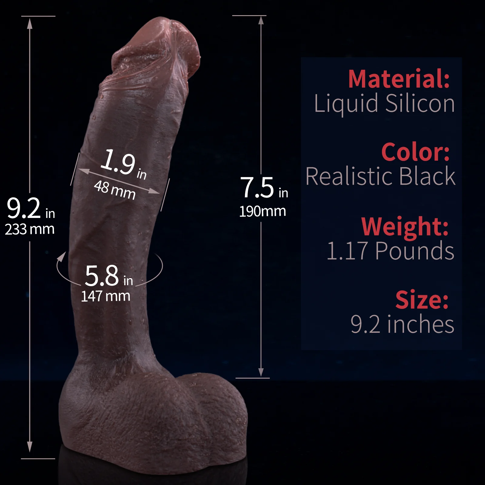 QUTOYS 9.2in Handmade Realistic Silicone Dildo-Black - Image 7